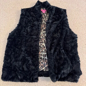 Betsey Johnson Shaggy Faux Fur Black Vest Large Festive Rockstar Y2K Retro Party